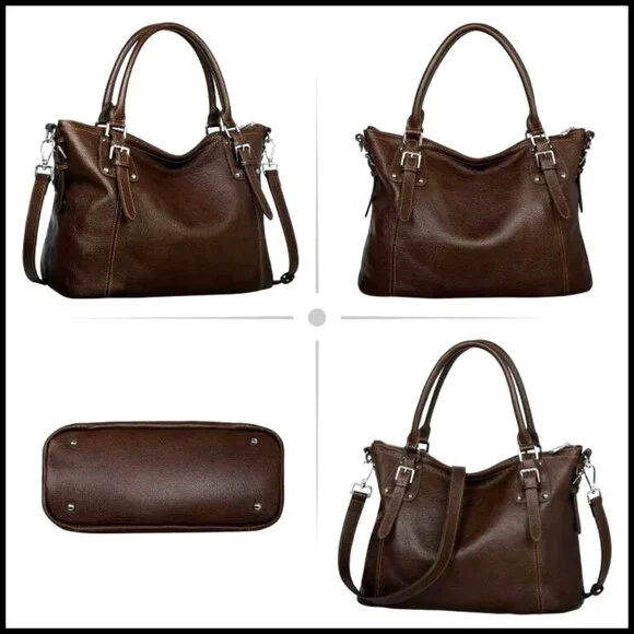 Genuine Leather Tote Shoulder Bag with Adjustable Strap, Medium Size - Picture 4 of 7